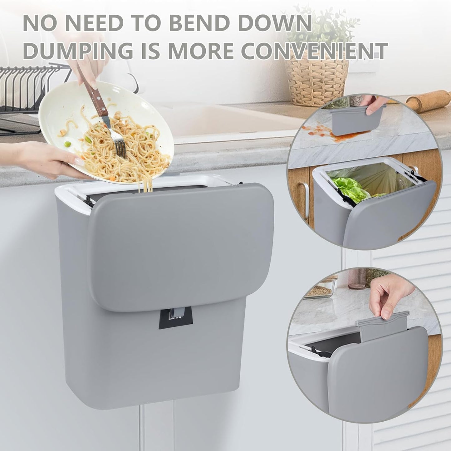 9L/2.4 Gallon Hanging Trash Can for Kitchen Cabinet Door with Lid, Small Under Sink Garbage Can,Trash Bin for Bathroom,Wall Mounted Counter Waste Kitchen Compost Bin,Plastic (Gray)