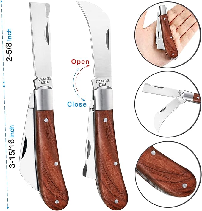 Garden Grafting knife,Stainless Steel Double Blades Rosewood Handle Pruning Knife,3 Grafting Tape Buddy Tape for Fruit Trees,Gardening Grafting Tool