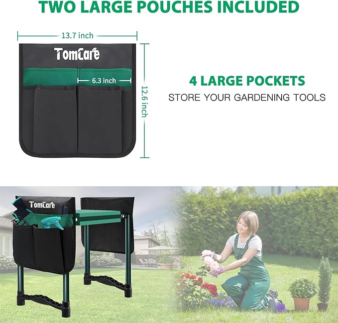 TomCare Garden Kneeler and Seat 10.64” Wider Larger Soft Kneeling Pad Garden Bench with 2 Large Tool Pouches Heavy Duty Garden Stool Foldable Garden Tools Gardening Gifts for Women Men Gardeners