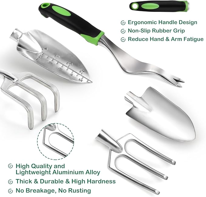 Gardening Tool Set, 8 Piece Garden Tools Set with Bag, Heavy Duty Stainless Steel Garden Tools Set Kit, Outdoor Hand Tools, Ideal Garden Tool Kit Gifts for Women Green