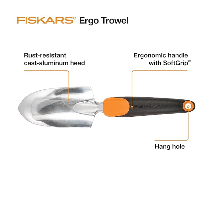 Fiskars Ergo Garden Trowel for Digging and Planting, Heavy Duty Gardening Hand Tool with Hanging Hole