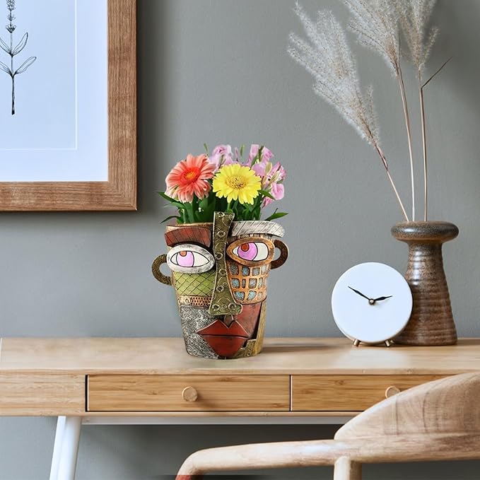 TOZLU Picasso Brutalist Abstract Beauty Face Flower Pot Ornaments Abstract Face Flower Pots Abstract Head Planter Pots Container Colorful Face Art Abstract Resin Flower Pot (Retro Big)