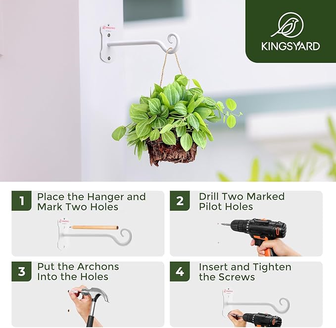 Kingsyard 2 Pack Wall Plant Hanger - Heavy Duty Metal Hanging Bracket Hooks for Hanging Plant Bird Feeders Lanterns Wind Chimes Indoor/Outdoor. White