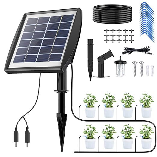 Solar Auto Drip Irrigation Kit System, Solar Powered Plants Watering System, Self Watering Devices Supported 15Pots with 6Timing Modes, Irrigation System for Indoor and Outdoor,Balcony Patio & Garden