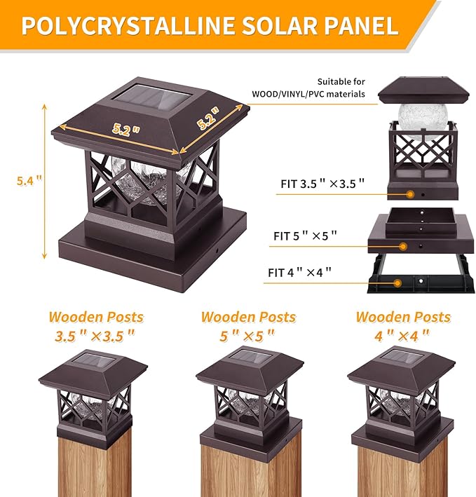 TWINSLUXES Fence Post Cap Light, LED Solar Lights for Deck Posts, Solar Post Caps Light Outdoor for 3.5x3.5/4x4/5x5 Posts, Wood or Vinyl Fence Deck Post, Warm Light (Brown) (8 Pack)