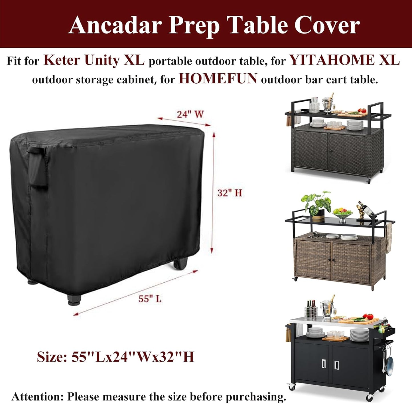 55in Prep Table Cover, Outdoor Bar Table Cover Waterproof Stainless Steel Table Cover Portable Cooler Cart Covering Patio Storage Cabinet Covers