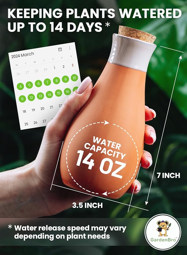 4 Pcs Ollas Terracotta Watering Pots Large- 14 Oz Self Watering Planter Insert Olla Watering System For 1-week Easy To Refill - Clay Plant Watering Globes For Outdoor & Indoor Plants [4, Green]