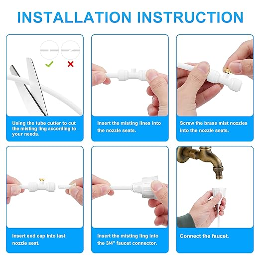 Misting Systems White, Outside Patio Misters, 100FT Misting Cooling System+30 Brass Mister System+2 PE Antioxidant Adapters 3/4"+2 Tee Adapters+2 90 Degree Elbows for Pasture&Garden&Gazebo (White)