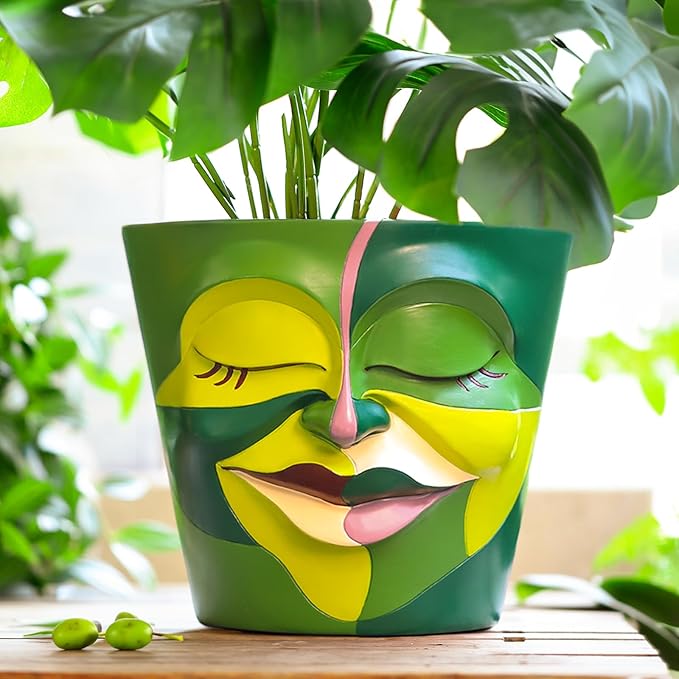 GUGUGO 8 Inch Planter Abstract Rainbow Face Pots for Plants, Unique Head Planters Pots with Drainage, Cute Eclectic Flower Pots for Garden, Colorful Funny Room Decor (Mainly Green)