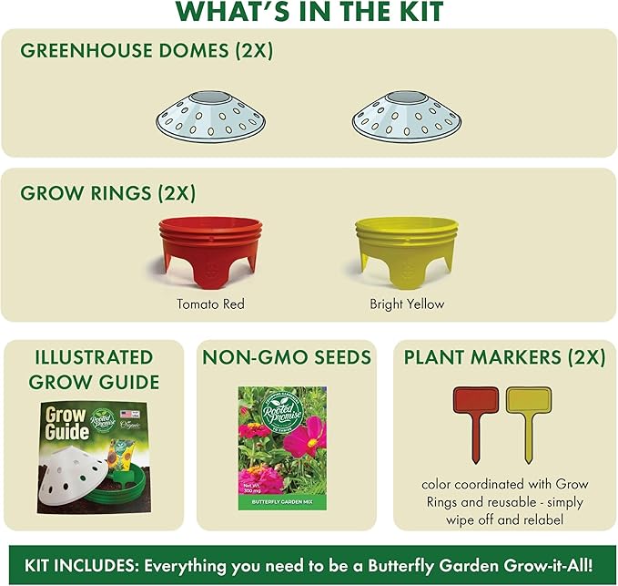Kids Outdoor Butterfly Garden Kit - Complete Kit for Growing Your Own Butterfly Garden from Seeds with Grow Rings and Greenhouse Germination Domes, Non-GMO Seeds, BPA-Free