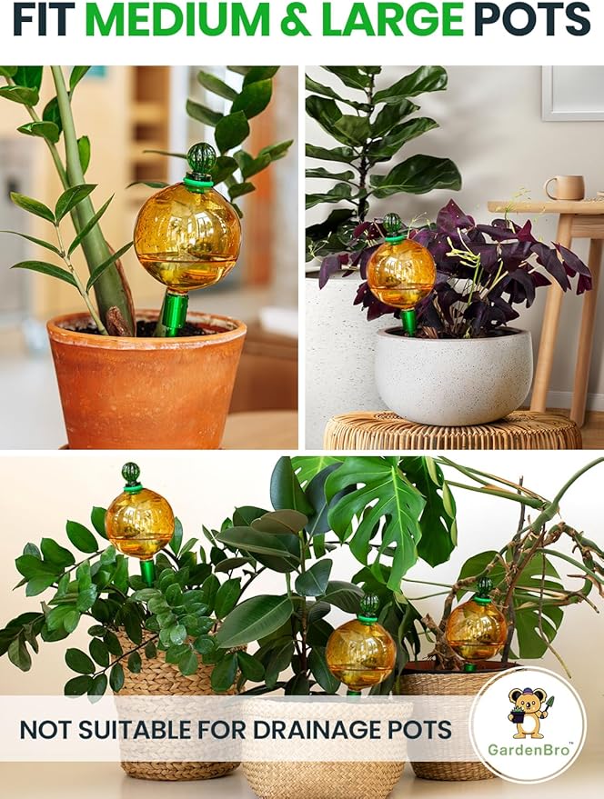 16 Oz Plant Watering Globes For Indoor Plants With Metal Self Watering Planter Insert - Premium XL Glass Hand-blown Globes - Automatic Indoor Planter Waterer, Gift Idea For Gardeners [1, Gold]