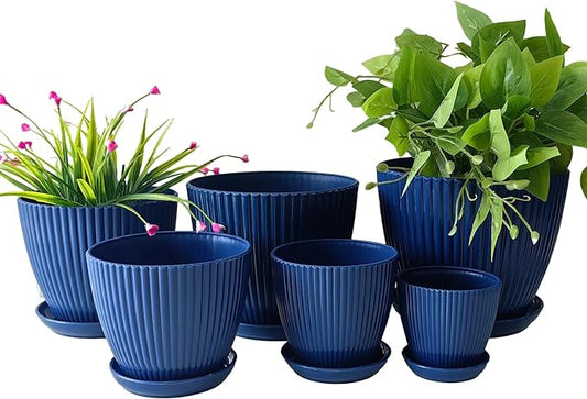 7.5/6.5/5.5/4.9/4.2/3.5 inches Plant Planters 6 Pack, Thick Sturdy Plastic Pots for Plants, Indoor/Outdoor 6 Sizes Flower Pots with Drainage Holes and Saucers (6 Sizes,Dark-Blue)