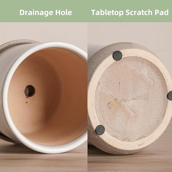 6 Inch Plant Pot: Ceramic Planter with Drainage Hole & Saucer for Indoor Outdoor Plants - Flowerpot with Bonded Tray for Home Office - Retro Style, Grey