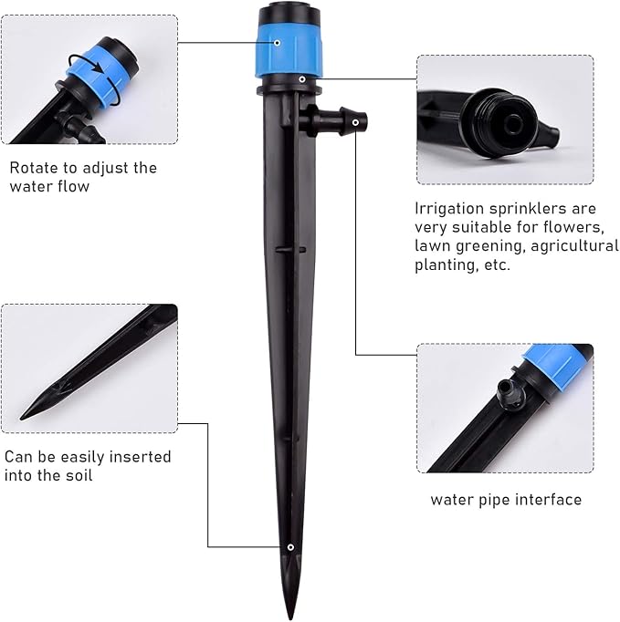 Kalolary 100PCS Irrigation Drippers Drip Emitters, Micro Spray Adjustable 360 Degree Full Circle Pattern Water Flow Bubbler Sprinkler Fits 1/4 (4-6mm) Irrigation Tubing for Garden Irrigation(Blue)