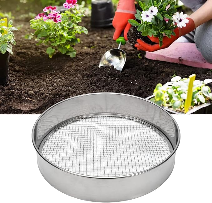 Soil Sieve Garden Potting Riddle Sieve Stainless Steel Soil Sieve Set, With 3 Interchangeable Filter Mesh Sizes 3,6,9mm and Bonus Spade