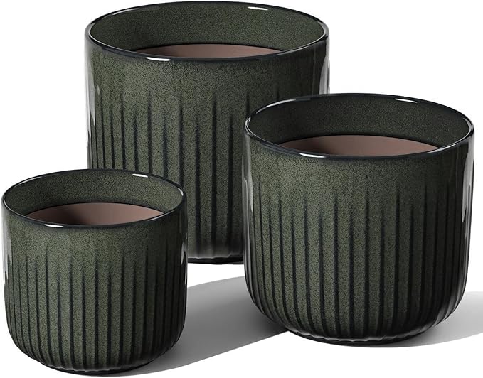 LE TAUCI Ceramic Planters for Indoor Plants, 8.3+6.9+5.7 inch Plant Pots with Drainage Holes, Cylinder Flower Pot for Indoor House Plant, Set of 3, Glaze Dark Olive