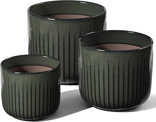 LE TAUCI Ceramic Planters for Indoor Plants, 8.3+6.9+5.7 inch Plant Pots with Drainage Holes, Cylinder Flower Pot for Indoor House Plant, Set of 3, Glaze Dark Olive