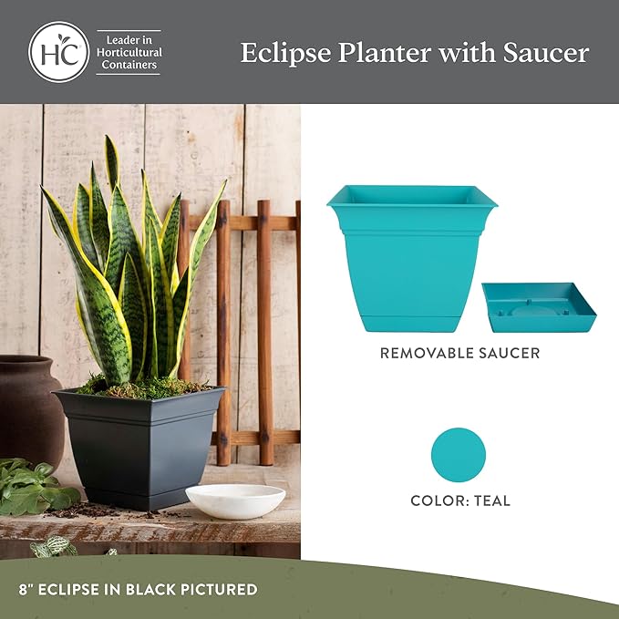 The HC Companies 6 Inch Eclipse Square Planter with Saucer – Indoor Outdoor Plant Pot for Flowers Vegetables Herbs, Teal