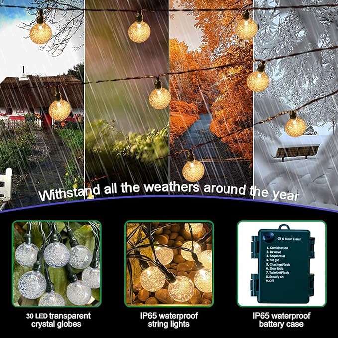 Battery Operated Globe String Lights - Indoor Outdoor String Lights Crystal Globe Lights 8 Modes 30 LED Patio Lights with Timer for Garden Balcony Pergola Party Decor, Warm White, 2 Pack