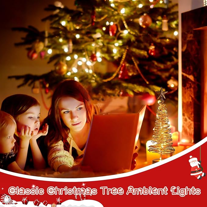 Christmas Tree Lamp, Spiral Christmas Tree with Glittering Star, AA Battery Operated Gold Christmas Tree Light with Metal Stand for Christmas Table Decoration（Batteries not Included）