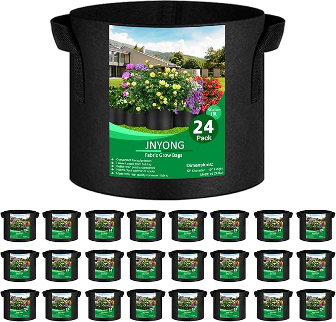 24-Pack 5 Gallon Thickened Non-Woven Grow Bags, Aeration Fabric Pots with Handles