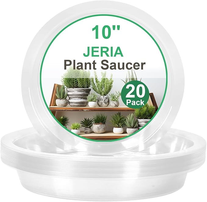 JERIA 10 Inch 20 Pack Clear Plant Saucers,Plastic Flower Pot Trays,Round Durable Plant Drip Trays for Indoor and Outdoor
