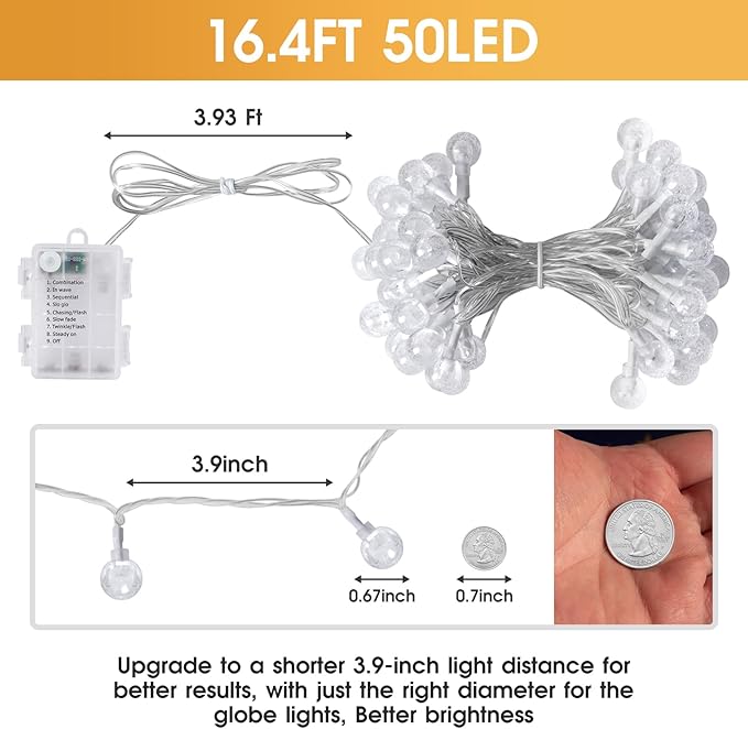 16.4ft 50LED Globe String Lights Indoor Bedroom Battery Operated, Crystal Fairy Light IP44 Waterproof Outdoor Hanging Decorative Lights for Home Tent Patio Garden Party Wedding Decor
