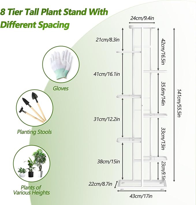 Corner Plant Stand Indoor 8 Tier 9 Potted with Gardening Tools and Gloves, Upgraded Tall Metal Plant Shelf Organizer Outdoor, Multiple Flower Pot Holder Display Rack for Patio, (8 Tier-White)