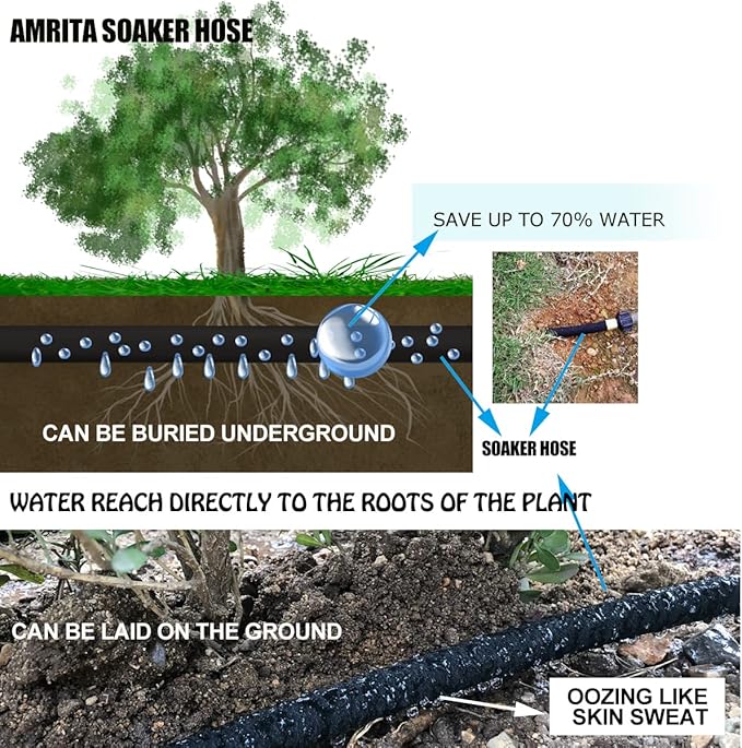 AMRITA Soaker Hose KIT,3/8inch 100ft Rubber Garden Hose 70% Water Saving,Black Heavy Duty Soaker Hose For Garden Lawn,Garden Raised Beds.(3/8-100FT) …