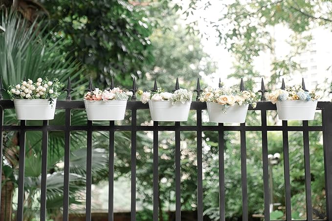 Dahey Metal Iron Hanging Flower Pots for Railing Fence Outdoor Planters Hanging Bucket Pots Countryside Style Window Flower Plant Holder with Detachable Hooks Home Decor,White,5 Pcs