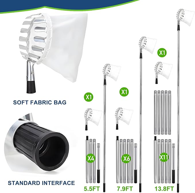 Fruit Picker Pole Tool with Basket Telescoping, 3.2FT-13.8FT Adjustable Pole, Apple Picker Tool with Soft Bag, Long Handle Picker for Avocado, Lemon, Orange, Mango, Limes, Persimmons, Plums