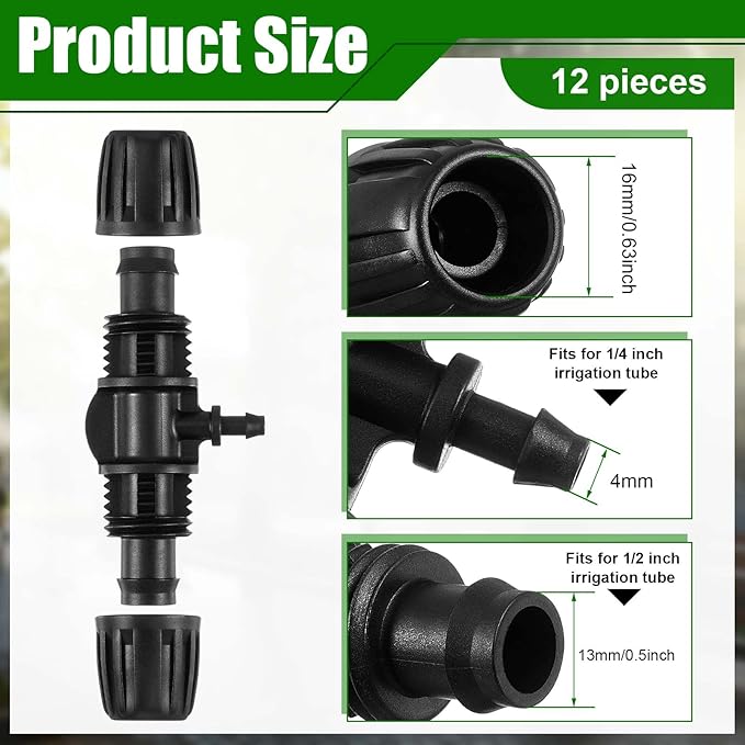 12 Pcs Barbed Tee Drip Irrigation Tubing for 1/2 Inch to 1/4 Inch Irrigation Fittings 1/2 Inches ID x 0.63 Inches OD 16 mm PE Tube Anti Drop Locked Reducing Tee Fits 13 mm ID/ 4 mm ID