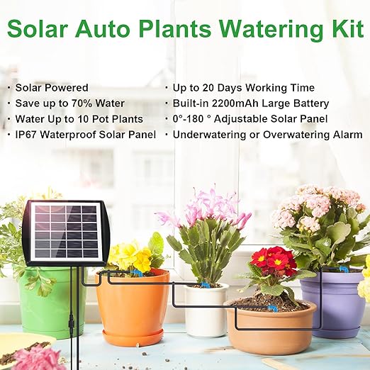 Solar Automatic Drip Irrigation Kit System, YaNovate Solar Auto Watering Gardening System for 10 Potted Plants with Anti-Siphoning Device & 6 Timer Modes for Outdoor