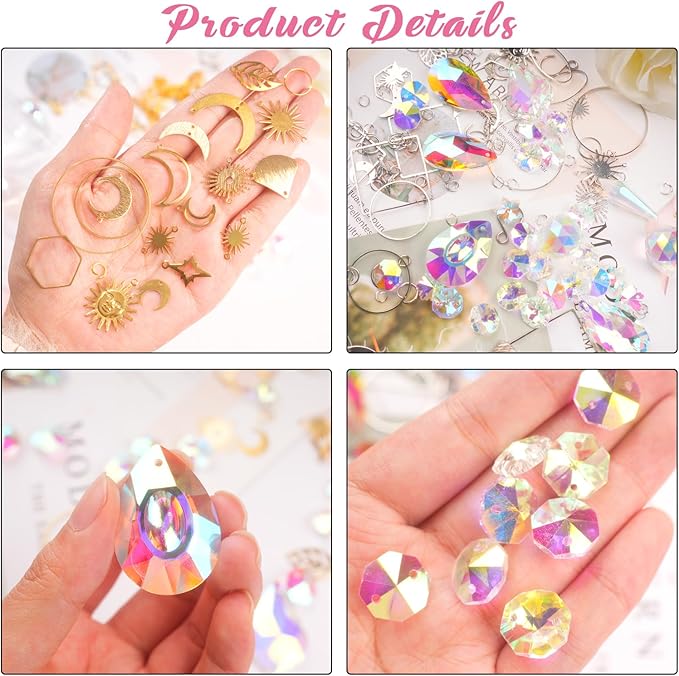 ilclviz DIY Suncatcher Making Kits Colorful Suncatcher Crystals Kit Supplies for Adults 200pcs DIY Suncatcher Prism Kit for Indoor Outdoor Window Hanging Garden Decor (Silver)