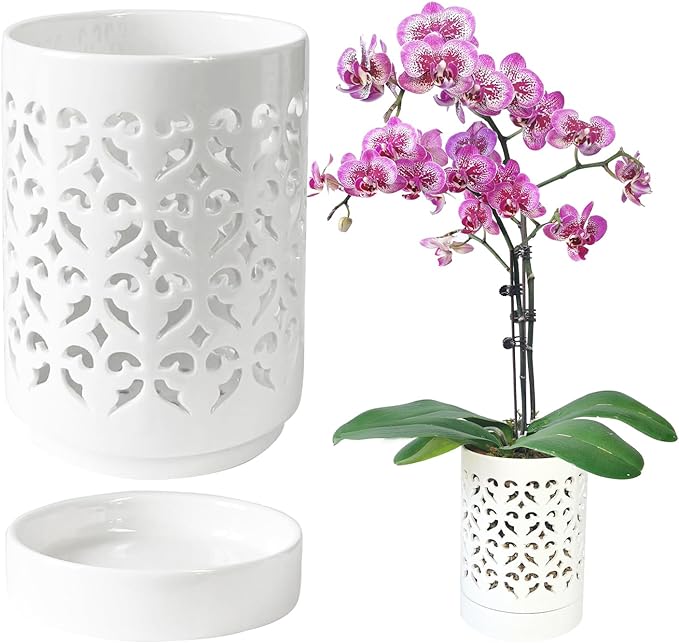 Orchid Pots with Holes,4 Inch Ceramic Orchid Pot for Repotting, Flower Planter Pot Indoor Outdoor, Breathable Slotted Orchids Planter White
