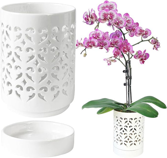 Orchid Pots with Holes,4 Inch Ceramic Orchid Pot for Repotting, Flower Planter Pot Indoor Outdoor, Breathable Slotted Orchids Planter White