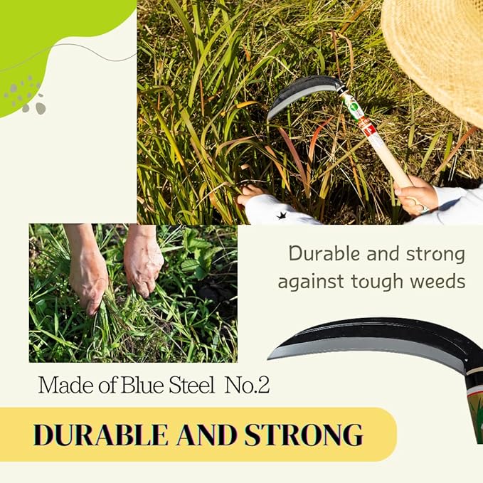 Japanese Weeding Sickle (Thin Blade) High Grade Steel Blade (Blue Steel No.2) Hand Tool for Gardening, Weeding and Farming, Light Weight, Blade Length 7.09inch