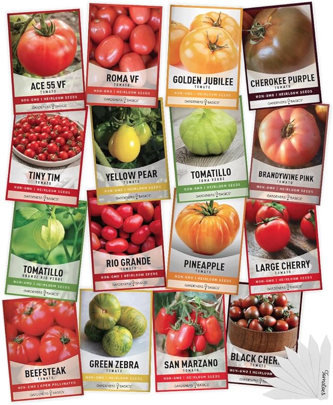 Gardeners Basics, Tomato Seeds for Planting 16 Variety Pack Heirloom Tomato Seeds, Tiny Tim, Cherry Tomato Seeds, Beefsteak Seeds, Roma Tomato Seeds, Determinate and Indeterminate and More, Non GMO