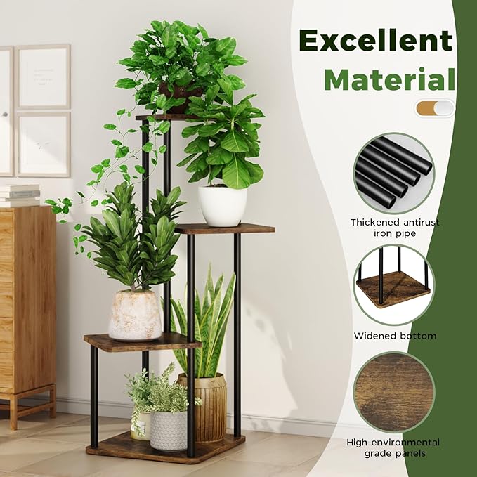 4 Tiered Plant Stand Indoor Corner Plant Shelf for Multiple Plants for Patio Garden Balcony Living Room Bedroom, Tall Metal Flower Pots Stand Relaxing for Women Gift Brown Oak