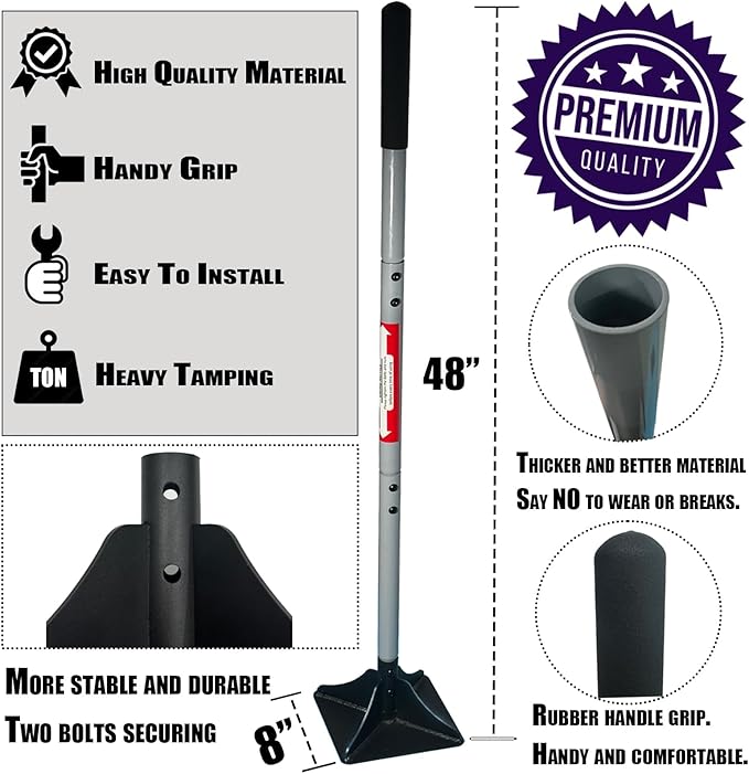 Heavy Duty Steel Tamper 10"x10" with 48 inch Handle and Rubber Grip Ideal Garden Landscaping Rammer for Earth Soil Asphalt, Gravel and Dirt Compaction Levelling Paver Tool Trash Tamper