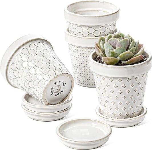 LE TAUCI Succulent Pots, Cute Indoor Plant Pot with Saucer, 4 Inch Mini Ceramic Flower Pots with Drainage, for Plant Lover or Mothers Day,Housewarming, Decorative Lovely Planter for Cactus,Set of 4