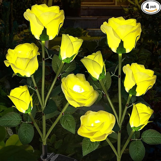Solar Garden Lights, Solar Outdoor Lights with More Realistic 10 Rose Waterproof Solar Powered Flowers Lights for Outside Patio Yard Pathway Decorations, 2 Pack Yellow