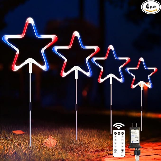 4th of July Decorations Red White and Blue Light, 4PCS Big LED Neon Star Pathway Lights Outdoor, Patriotic Garden Stake Lights with 8 Modes Waterproof for Independence Day Yard Lawn Decor