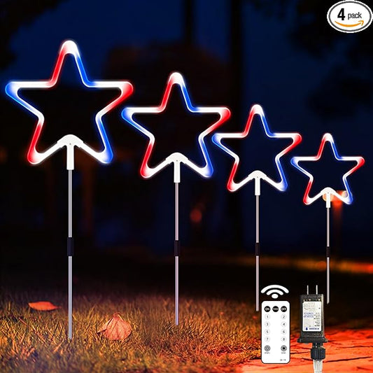 4th of July Decorations Red White and Blue Light, 4PCS Big LED Neon Star Pathway Lights Outdoor, Patriotic Garden Stake Lights with 8 Modes Waterproof for Independence Day Yard Lawn Decor