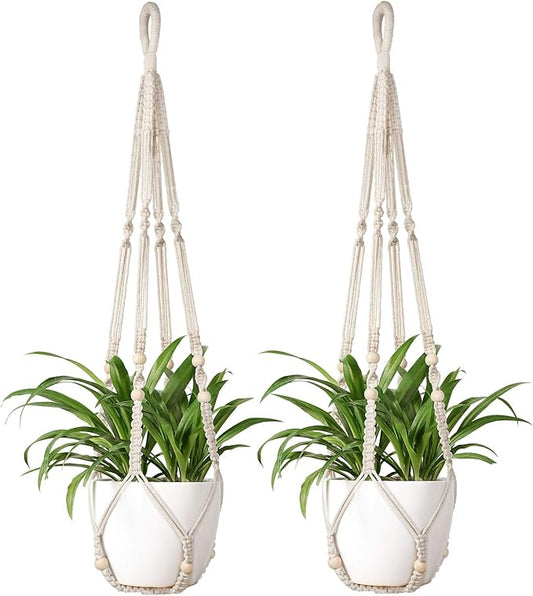 Mkono Macrame Plant Hanger Indoor Hanging Planter Basket with Wood Beads Decorative Flower Pot Holder No Tassels for Indoor Outdoor Boho Home Decor 35 Inch, Ivory, Set of 2 (POTS NOT Included)