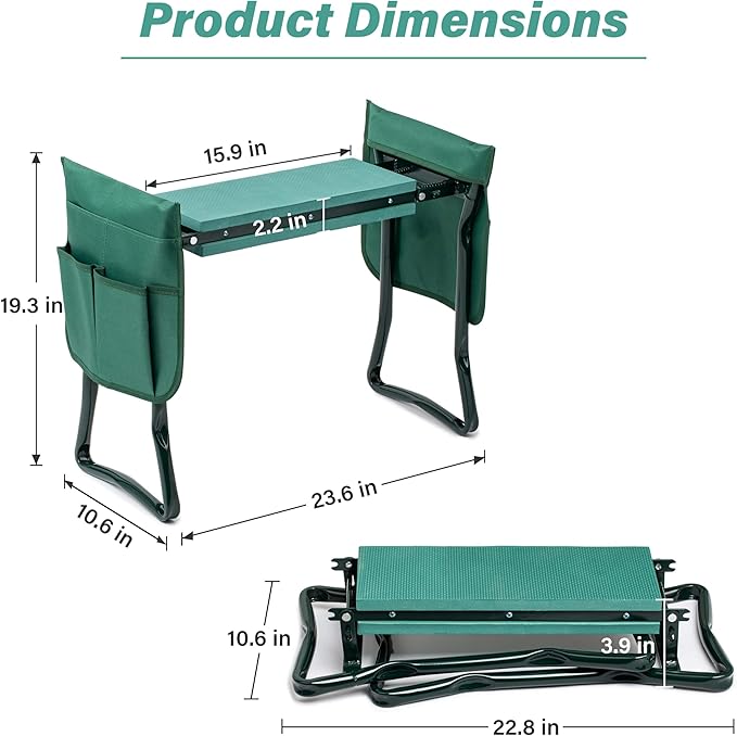 Simple Deluxe Garden Kneeler and Seat, Foldable Kneeling Stool with Thicker EVA Foam Pad Heavy Duty Bench, with Tool Pouch, Gifts for Outdoor Gardening, Fishing, Green