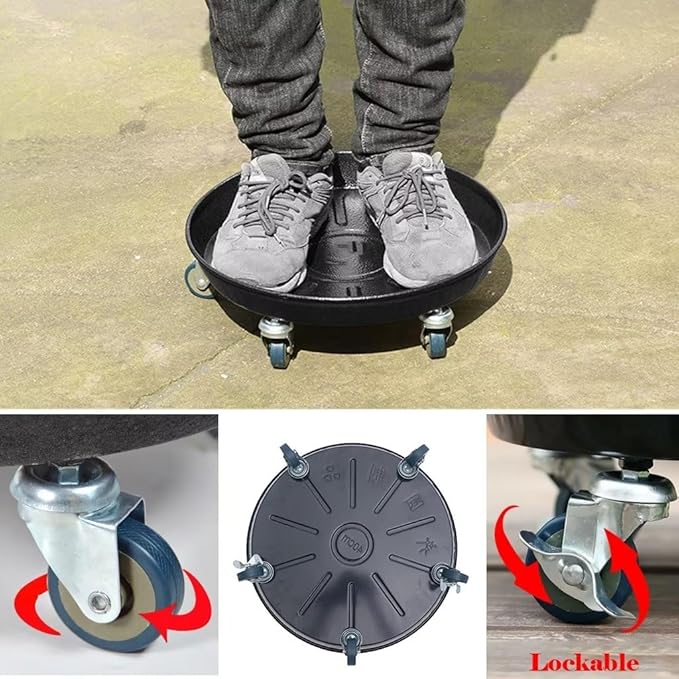 ARTLINE Round Plant Stand with Lockable Wheels, Heavy Duty for Indoor Outdoor, Large Rolling Dolly Planter Caddy on Casters to Carry Potted Flower Pot, Round Metal Tray NO Holes, Black