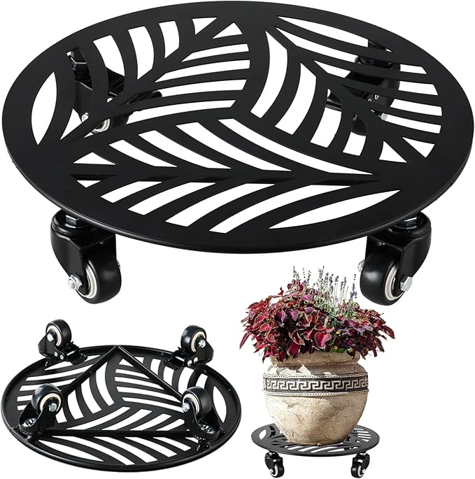 1 Pack 16 inches Extra-large Metal Plant Caddy with Wheels Heavy-duty Iron Rolling Plant Stand with Casters Indoor Outdoor Wheeled Plant Roller Base Pot Movers Plant Dolly Coaster Trolley Black