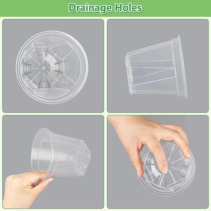 5 Sets 8 Inch Transparent Plastic Garden Pots Planter with Saucer Plant Planter Drainage Hole Plastic Pots for Plants Indoor and Out Door House Plants with 10pcs Plant Labels