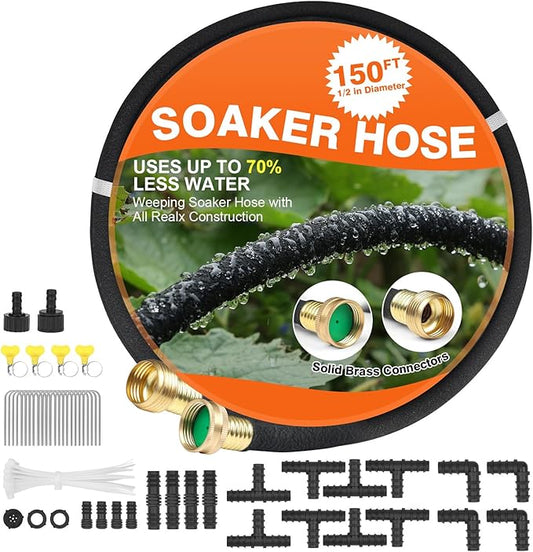 Soaker Hose 150 FT for Garden with 1/2" Diameter Irrigation Hose Save 70% of Water Solid Brass Interface Eminently Suitable for Lawn and Garden Bed Cover